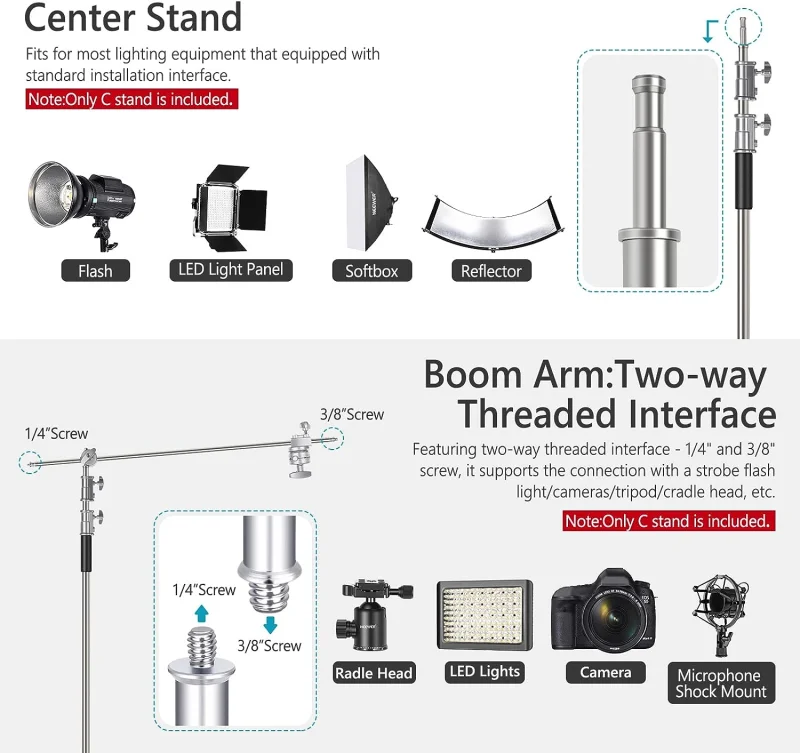 Neewer 300cm Adjustable C-Stand Light Stand with Extension Boom Arm, Removable Turtle-Base and Carry Bag - Image 4