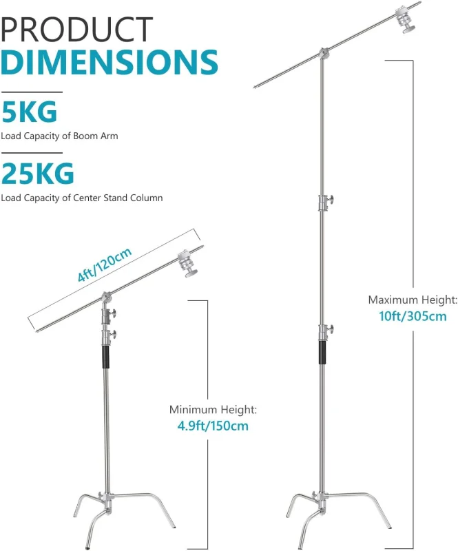 Neewer 300cm Adjustable C-Stand Light Stand with Extension Boom Arm, Removable Turtle-Base and Carry Bag - Image 6