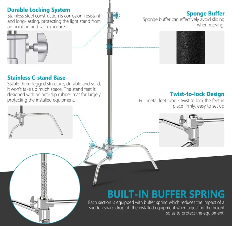 Neewer 300cm Adjustable C-Stand Light Stand with Extension Boom Arm, Removable Turtle-Base and Carry Bag - Image 8