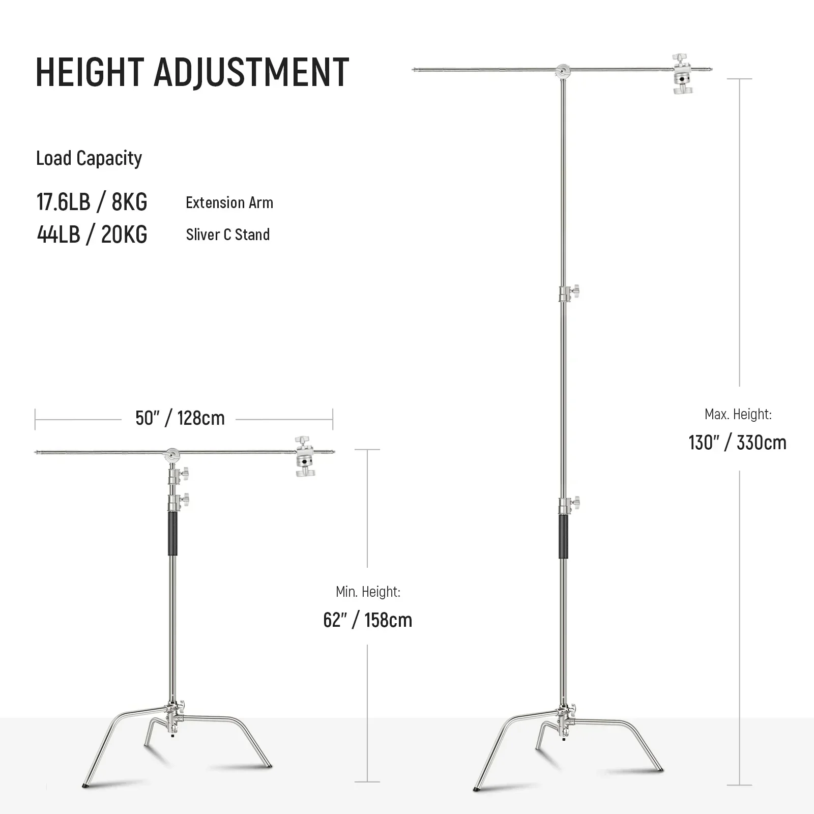 Neewer SC340AW 330cm Air-Cushioned Stainless Steel C-Stand with Boom Arm and Wheels - Image 9